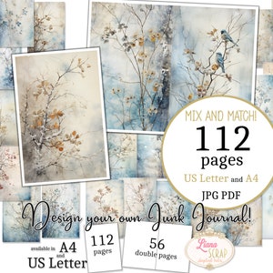 Junk Journal - Winter Frost - tamanho US Letter e A4, misturar e combinar páginas, papel digital Winter Snowy Branches em PDF para impressão e JPG