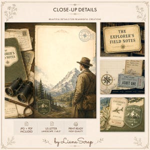 A close-up preview of vintage adventure-themed journal pages featuring a man looking at mountains, antique maps, binoculars, compasses, and ephemera like old tickets and explorer passes.