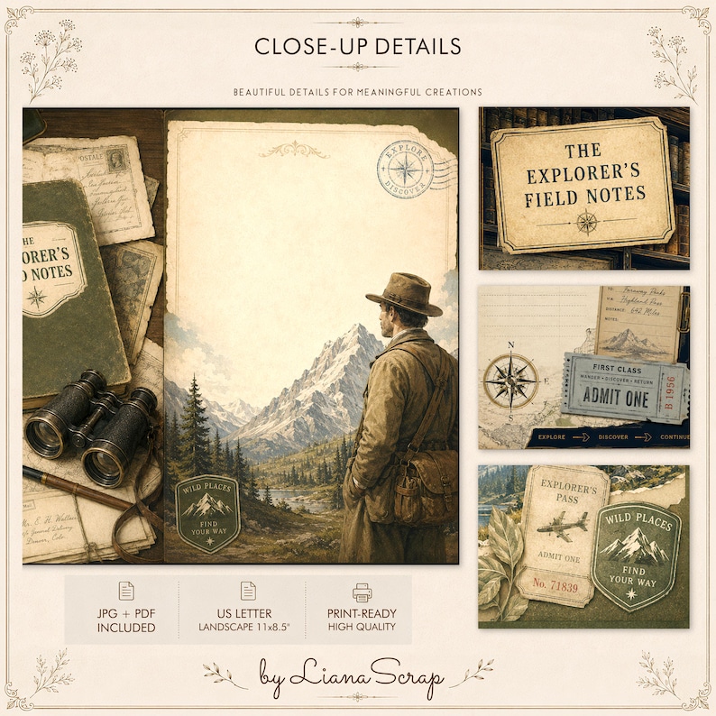 A close-up preview of vintage adventure-themed journal pages featuring a man looking at mountains, antique maps, binoculars, compasses, and ephemera like old tickets and explorer passes.