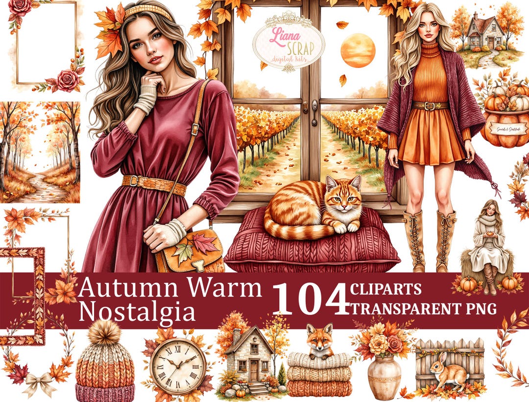 Watercolor Autumn Clipart Set – Cozy Fall PNG Graphics (104 Images) - Etsy