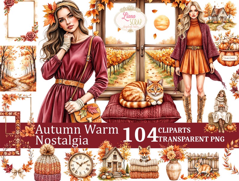 Watercolor Autumn Clipart Set – Cozy Fall PNG Graphics (104 Images) - Etsy