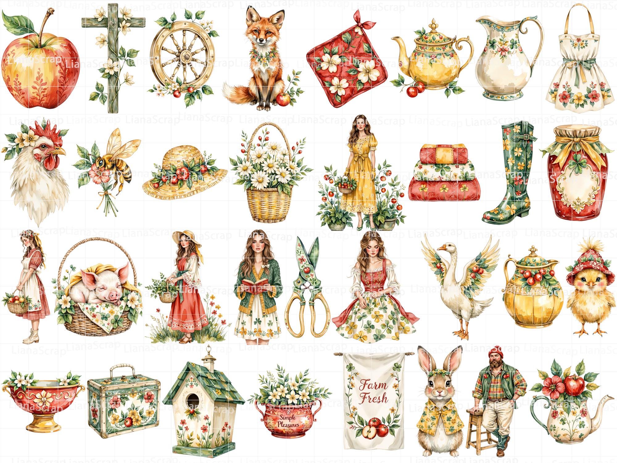 Watercolor Farm Animals Clipart Set – Floral PNG Graphics (digital ...