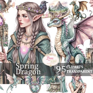 Spring Dragon 95 Digital Clipart Set PNG fantastique Dragons elfes chevaliers créatures magiques graphiques transparents
