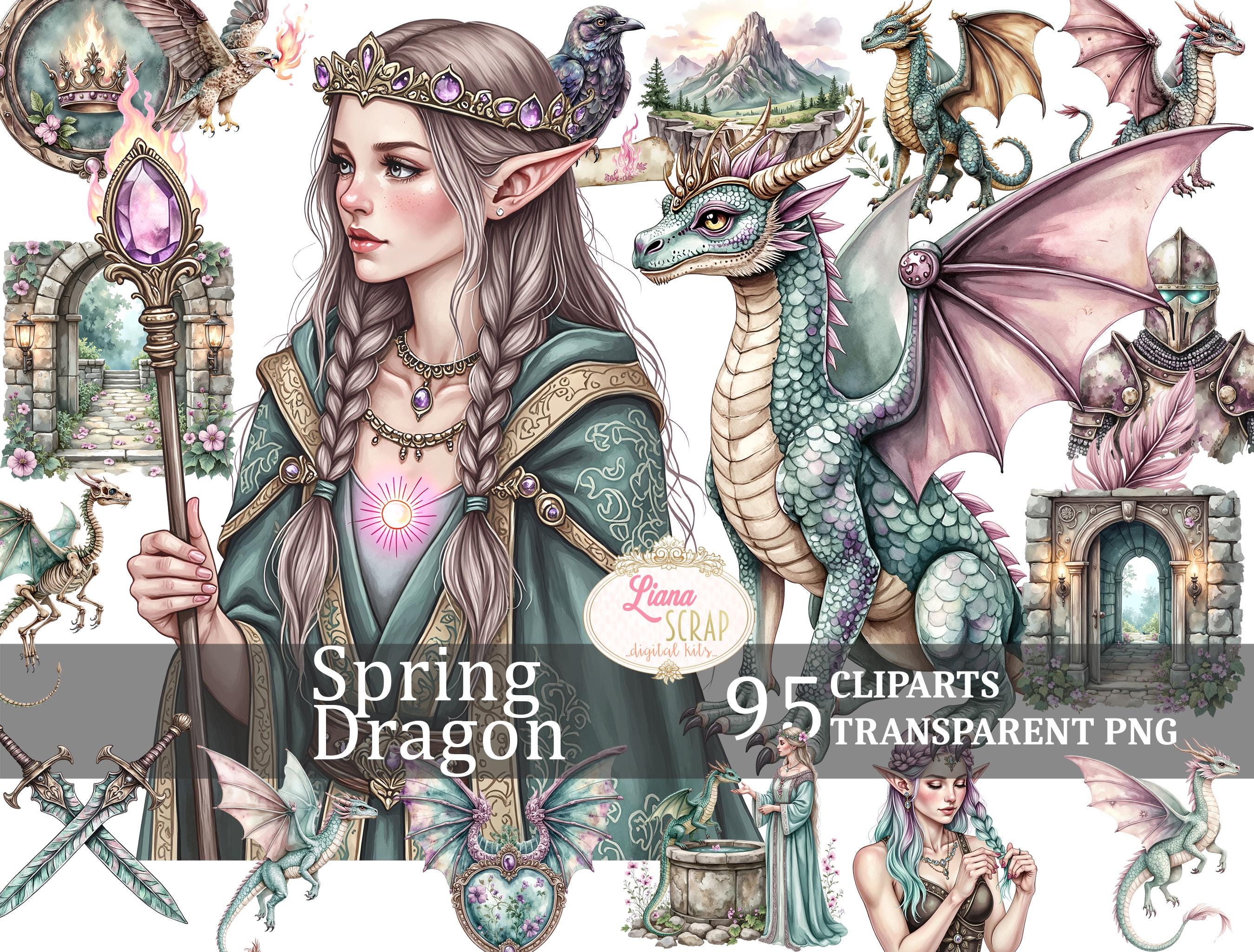 春のドラゴンのクリップアートセット：水彩エルフ、騎士、魔法のPNG
