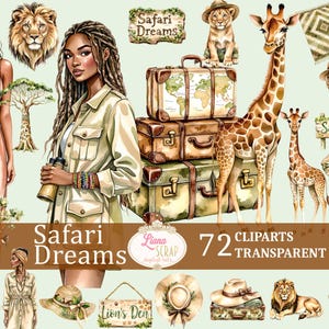 Safari Dreams 72 clipartbundel - dieren, mensen, safari-elementen - transparante png voor digitale planners, scrapbooking, savanne, jungle