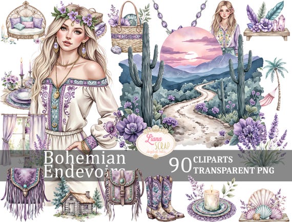 Bohemian Endeavors 90 Digital Clipart Set PNG Boho Fashion Desert Graphics, boho planner designs