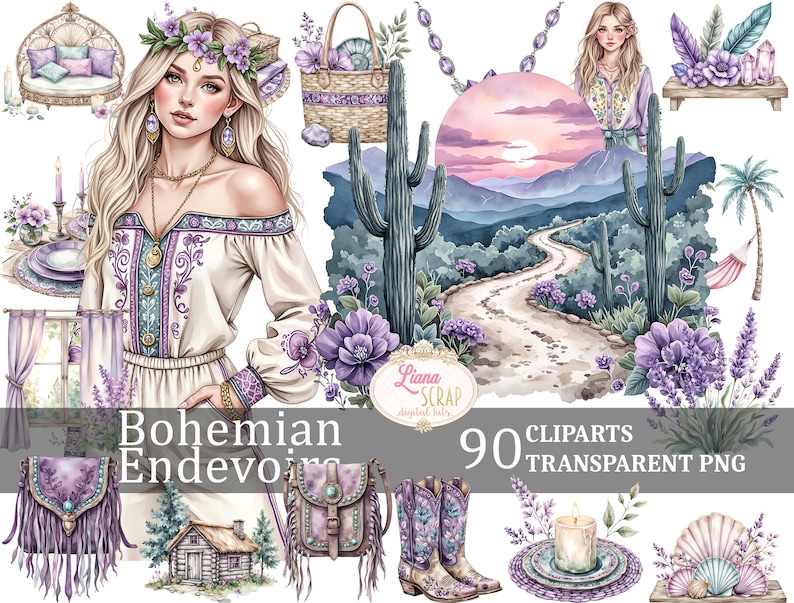 May include: A set of 90 digital clipart images featuring a bohemian theme. The images include a woman with long blonde hair wearing a white and purple embroidered blouse, a cactus, a sunset landscape, a purple flower, a lavender plant, a wooden cabin, a purple purse with fringe, a pair of purple boots, a candle on a plate, and seashells. The images are in a watercolor style and are perfect for creating digital scrapbooking projects, invitations, cards, and other crafts.