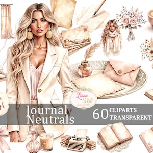 Journal Neutrals - Set di 60 clipart digitali, PNG Boho neutri, immagini per diario, immagini per album, clipart per planner