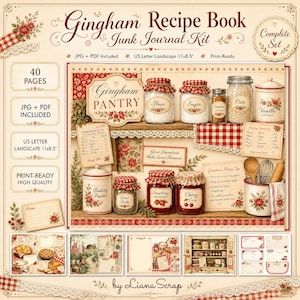 Puede incluir: Un kit de diario creativo Gingham Recipe Book con 40 páginas de diseños imprimibles sobre despensa. El kit incluye etiquetas para harina, azúcar, canela, avena, vainilla, levadura, hierbas, mermelada de fresa y cereza, además de tarjetas.