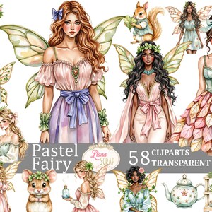 Ensemble de clipart fée pastel - 58 fées, animaux, fleurs - Illustrations numériques aquarelles pour agendas, scrapbooking, conte de fées