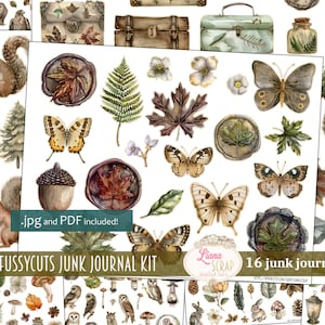 Junk Journal Ephemera, Forest Fussy Cuts Printable, Digitale Download, Woodland Images, Stickers, Versieringen voor Natuur Junk Journals
