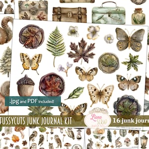 Junk Journal Ephemera, Forest Fussy Cuts Printable, Digital Download, Woodland Images, Stickers, Embellishments for Nature Junk Journals