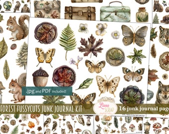 Junk Journal Ephemera, Forest Fussy Cuts Printable, Digitale Download, Woodland Images, Stickers, Versieringen voor Natuur Junk Journals