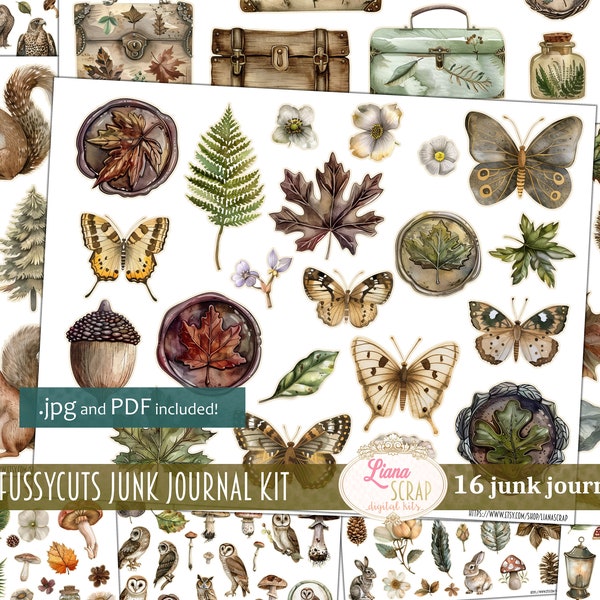 Junk Journal Ephemera, Forest Fussy Cuts Printable, Digital Download, Woodland Images, Stickers, Embellishments for Nature Junk Journals