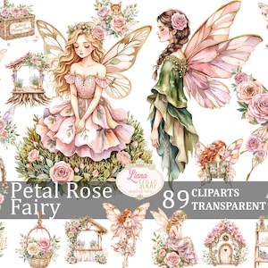 Ensemble de cliparts fée 89 pétale de rose aquarelle fées fleurs créatures des bois PNG transparent art numérique scrapbooking planificateur autocollants