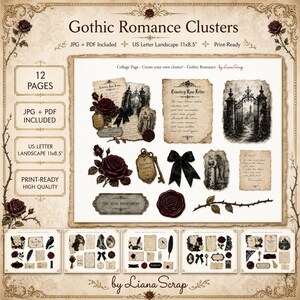 Könnte beinhalten: Digitales Collage-Blatt mit dem Titel "Gothic Romance Clusters" mit verschiedenen Elementen. Enthält Rosen, Schlüssel, Schleifen und gealterte Papiertapeten. Der Text auf dem Blatt lautet "12 Seiten", "JPG + PDF enthalten", "US Letter Landscape 27,9x21,6cm" und "Druckfertig hohe Qualität".