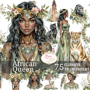 Regina africana 75 set di clipart digitali PNG donna africana leone elefante arte sfondo trasparente, foresta tropicale