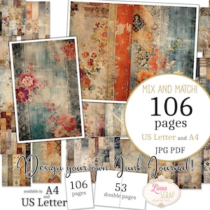 Junk Journal - Aged Bohemian - US Letter and A4 size, Mix and Match Pages, Distressed Vintage Wallpapers Digital Paper PDF and JPG