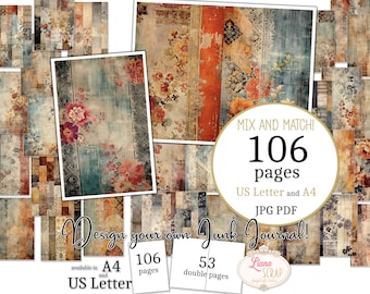 May include: A collage of 106 digital paper pages in US Letter and A4 sizes, featuring a mix and match design of floral patterns and distressed textures in shades of brown, blue, and red. The text "Design your own Junk Journal!" is displayed in a decorative font.