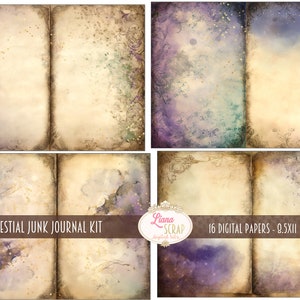 May include: A digital junk journal kit with 16 papers featuring celestial and vintage designs. The papers are in shades of purple, blue, and brown with gold glitter accents. The papers are 8.5 x 11 inches.