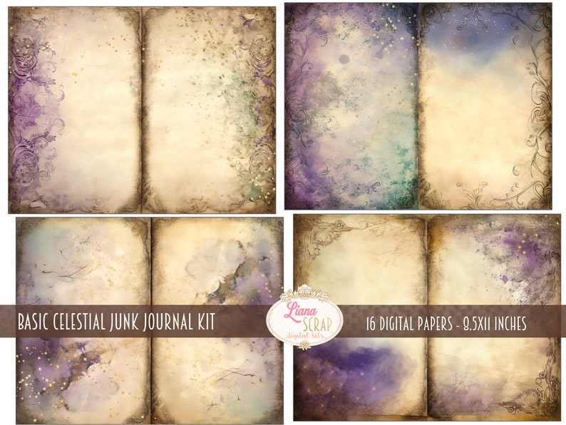 May include: A digital junk journal kit with 16 papers featuring celestial and vintage designs. The papers are in shades of purple, blue, and brown with gold glitter accents. The papers are 8.5 x 11 inches.