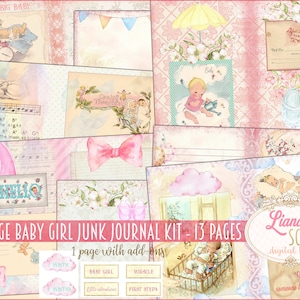 Baby Girl Vintage Junk Journal Digital Kit Printable, Baby Digital Collage Sheets, Junk Journal Paper