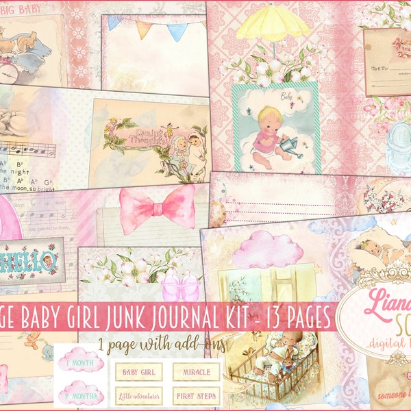 Baby Girl Vintage Junk Journal Digital Kit Printable, Baby Digital Collage Sheets, Junk Journal Paper