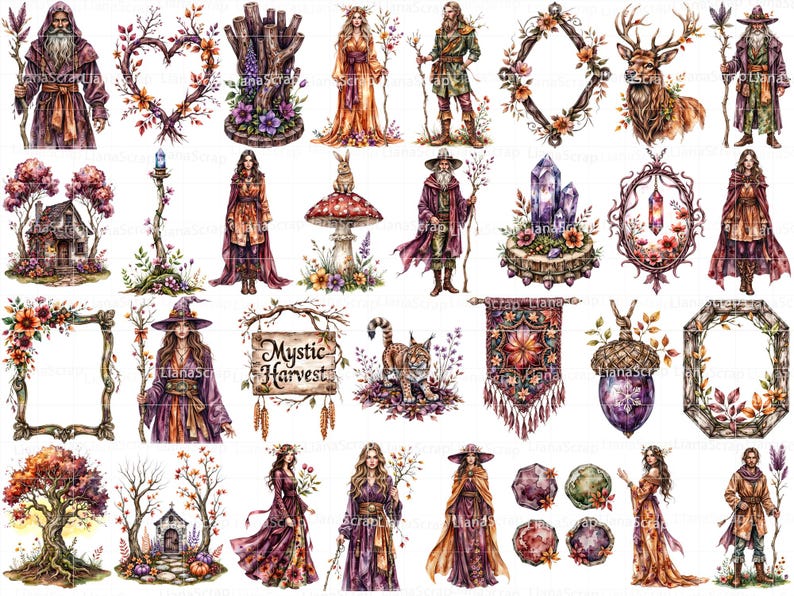 Watercolor Autumn Clipart Set – 96 PNG Fantasy Graphics (Digital Planners) image 3
