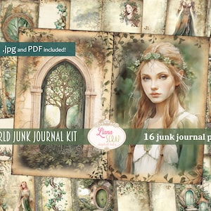 Kit de diario basura digital de Elf World, collage de bosque de elfos de fantasía imprimible, kit de elfos digitales, papel de diario basura digital con tema de elfos del bosque
