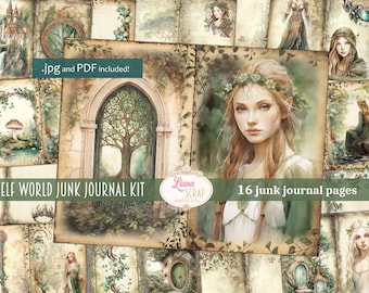 May include: A digital junk journal kit with 16 pages featuring an elf world theme. The pages include images of a forest, a tree, an elf, and a castle. The text "ELF WORLD JUNK JOURNAL KIT" and "16 junk journal pages" is included on the pages.