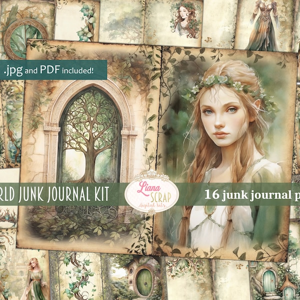 Elf World Digital Junk Journal Kit, Fantasy Elf Forest Collage Printable, Digital Elf Kit, Forest Elf Theme Digital Junk Journal Paper