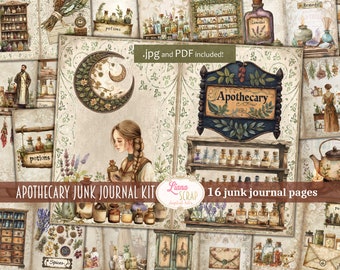 May include: A digital junk journal kit with 16 pages featuring an apothecary theme. The pages include images of bottles, jars, herbs, and other apothecary items. The text "Apothecary Junk Journal Kit" and "16 junk journal pages" is included on the pages.