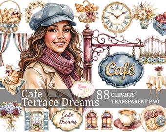 Clipart de café parisino, conjunto de ilustraciones en acuarela (descarga digital)