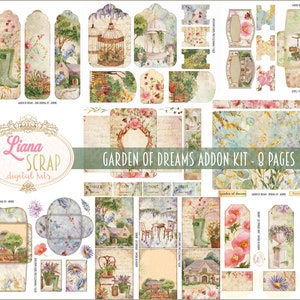 Garden of Dreams Junk Journal ADDON Kit Afdrukbaar, Tuin en Bloemen Digitale Collagebladen met Ephemera, Junk Journal Paper