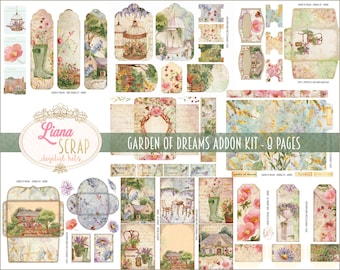 Könnte beinhalten: Ein digitales Kit mit dem Titel "Garden of Dreams Addon Kit - 8 Pages" mit verschiedenen floralen und gartenbezogenen Elementen. Enthält Tags, Umschläge und Journalkarten mit Aquarellillustrationen von Blumen, Häusern und Gartenszenen. Entworfen von Liana Scrap.
