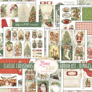 Klassieke kerstjunk Journal ADDON Kit, kerstcollage afdrukbaar, digitaal dagboek, klassieke rode en groene vintage kerstephemera
