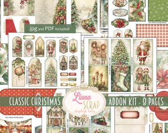 May include: A digital scrapbook kit with a classic Christmas theme. The kit includes 8 pages of images featuring a vintage style with red, green, and gold accents. The images include a train, a Christmas tree, Santa Claus, and other holiday elements. The kit is perfect for creating cards, scrapbook pages, and other crafts.