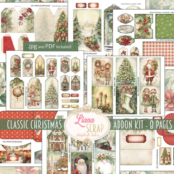 Classic Christmas Junk Journal ADDON Kit, Christmas Collage Printable, Digital Journal, Classic Red and Green Vintage Christmas Ephemera