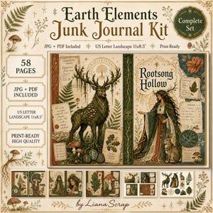 以下が含まれることがあります： Earth Elementsジャンクジャーナルキット。USレター横向きサイズ27.94 x 21.59 cmの58ページ。鹿、マントを着た人物、キノコ、シダ、Rootsong Hollowの文字がデザインされています。JPGおよびPDFファイルが含まれています。