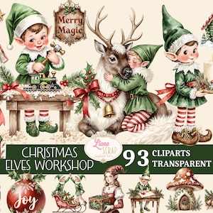 Puede incluir: Una colección de imágenes prediseñadas con temática navideña que presenta elfos, renos y decoraciones festivas. Las ilustraciones incluyen elfos trabajando en juguetes, un reno con una campana y un letrero que dice "Merry Magic". La imagen también incluye el texto "Christmas Elves Workshop".