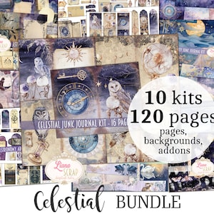 May include: A celestial-themed digital junk journal kit bundle. The image features various pages with owls, clocks, keys, and celestial elements. The bundle includes 10 kits with 120 pages, backgrounds, and add-ons. The text "Celestial Bundle" is displayed.