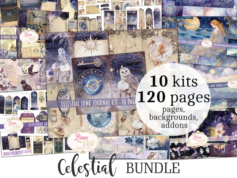 May include: A celestial-themed digital junk journal kit bundle. The image features various pages with owls, clocks, keys, and celestial elements. The bundle includes 10 kits with 120 pages, backgrounds, and add-ons. The text "Celestial Bundle" is displayed.