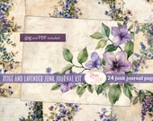 Beige and Lavender Vintage Paper, digital junk journal background, junk journal paper with blooms in shades of blue