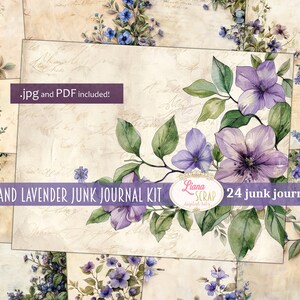 Pode incluir: Um kit de diário de sucata digital com 24 páginas com desenhos florais em aquarela bege e lavanda. O kit inclui arquivos .jpg e PDF.