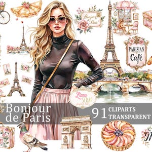 Bonjour de Paris 91 Digital Clipart Set PNG Transparent Paris Illustration Français Decor Scrapbooking Design Elements, autocollants pour agenda
