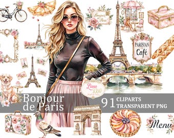 Paris Illustration Clipart Set, French Cafe, Eiffel Tower (Digital PNG)