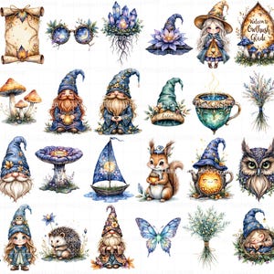 Conjunto de imágenes prediseñadas de gnomos en acuarela: hadas, búhos y animales del bosque (descarga digital PNG) imagen 3