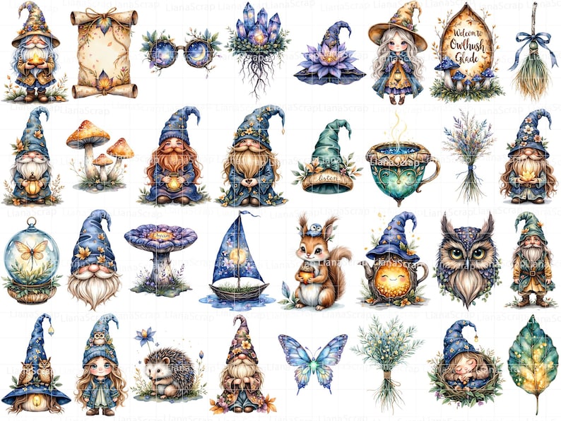 Conjunto de imágenes prediseñadas de gnomos en acuarela: hadas, búhos y animales del bosque (descarga digital PNG) imagen 3