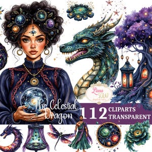 以下が含まれることがあります： 水彩デジタルアートセット。女性、ドラゴン、ファンタジーイラストが描かれています。「The Celestial Dragon」と「112 Cliparts Transparent PNG」の文字が見えます。青、紫、緑の色使いです。