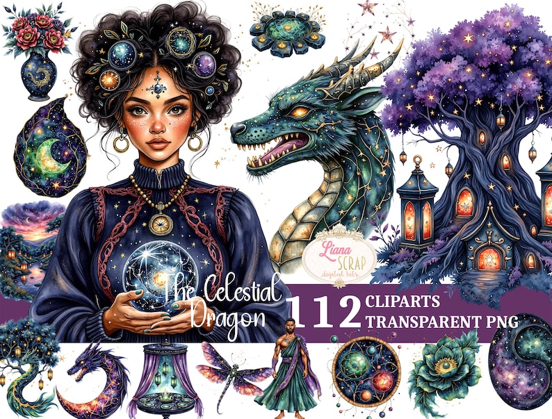 以下が含まれることがあります： 水彩デジタルアートセット。女性、ドラゴン、ファンタジーイラストが描かれています。「The Celestial Dragon」と「112 Cliparts Transparent PNG」の文字が見えます。青、紫、緑の色使いです。